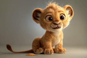 A cute 3D rendered lion cub baby in a cartoon animation style, with soft