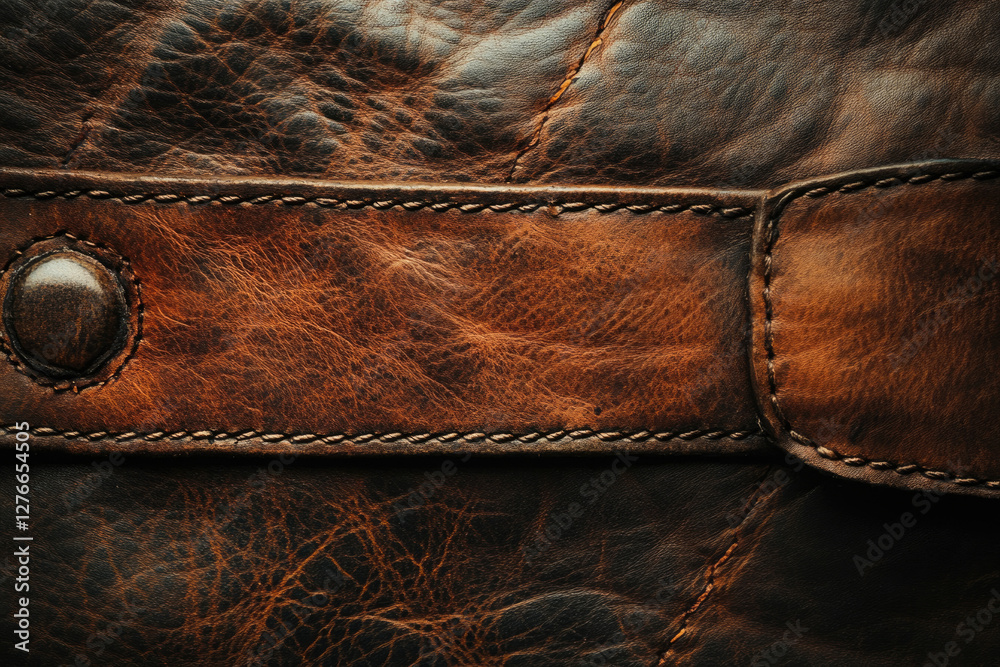 Poster close-up of rich brown leather texture with stitching and a button, showcasing its aged and worn app
