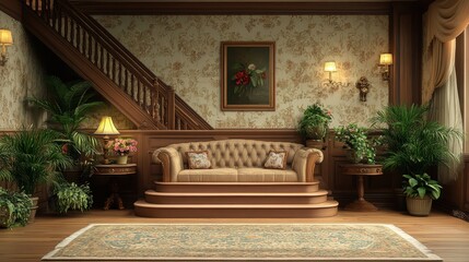 Elegant vintage living room with floral sofa and lush greenery in warm lighting