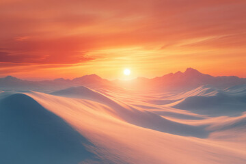 A breathtaking sunset casts a warm, orange glow over snow-covered mountains and rolling hills.