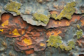 Rusty metal surface with cracked paint and vibrant yellow-green lichen growth.