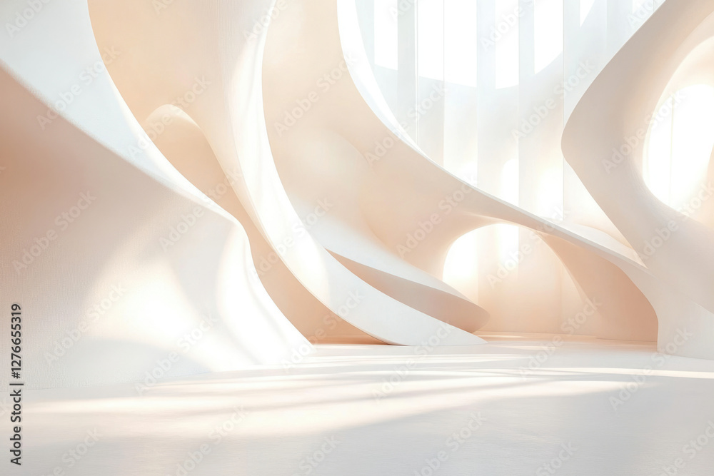 Poster Abstract architecture, smooth white curves, sunlight filtering through, creating a serene and minimalist interior space.