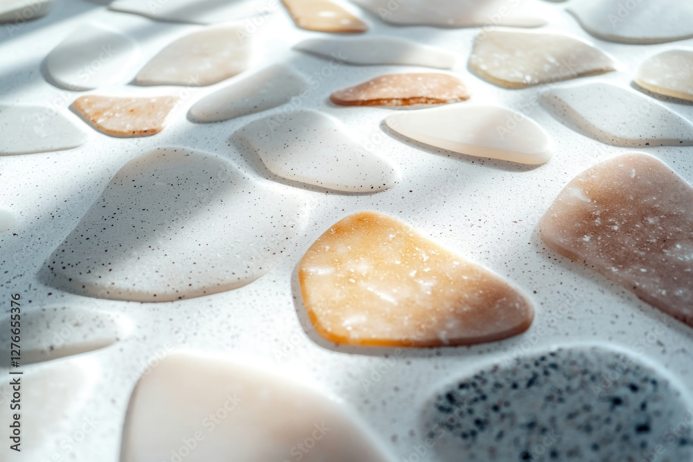 Poster Abstract close-up of a textured surface with pebble-like shapes in beige and white tones, illuminated by sunlight.