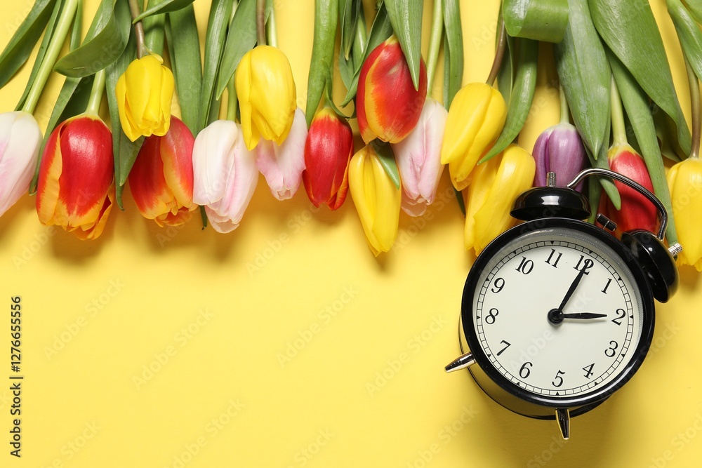 Poster spring time. alarm clock and beautiful tulips on yellow background, flat lay. space for text