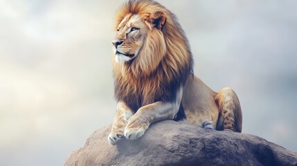 Fototapeta premium Majestic lion posing on rock against cloudy sky in wildlife nature scene