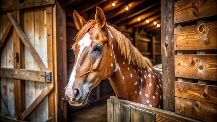 Fototapeta premium High-depth-of-field equestrian portrait captures a brown horse's beauty, its white spots prominent.
