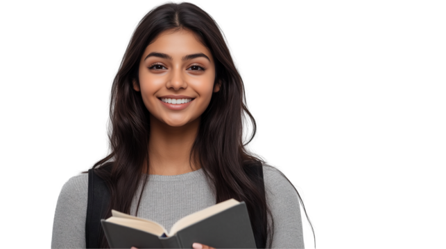 Woman Holding a Notebook with Backpack on White Background