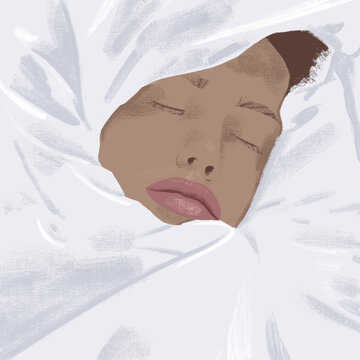 Cozy Sleeping Woman Wrapped in White Sheets