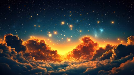 Fototapeta premium Starry night sky with dramatic sunset above illuminated clouds and distant galaxies