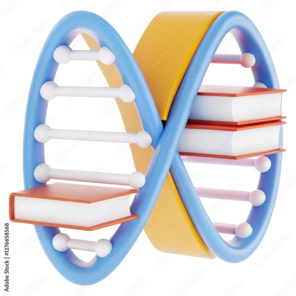 Poster A colorful 3D model representing a DNA double helix intertwined with books, symbolizing the connection between genetics and knowledge.
