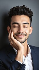 Obraz premium Young man with eyes closed touching face against wall