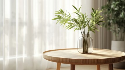 Sunlit room with green plant in glass vase on wooden table near sheer curtains