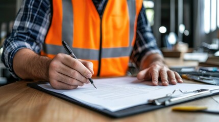 Construction worker reviewing safety documents while wearing a high-visibility vest indoors in a well-lit office space during working hours