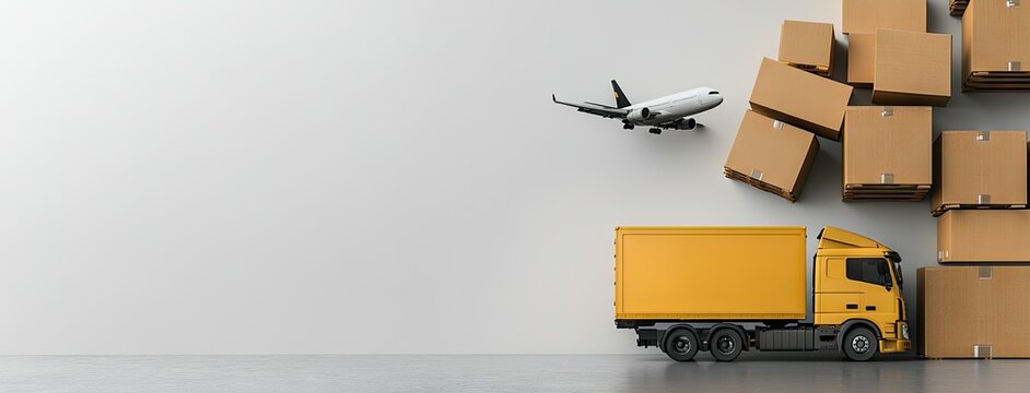 Logistics operations showcase transportation methods with a yellow truck, packages stacked, and an airplane in flight against a minimalist background
