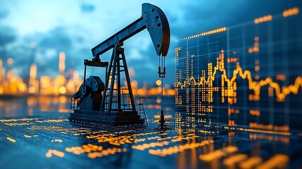 Oil pump jack against a city skyline with financial graphs in the foreground