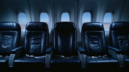 Obraz premium At dusk, the airplane cabin is filled with a serene atmosphere, as empty seats create a sense of calm and tranquility during the flight