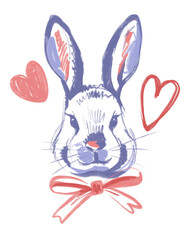 Hand drawn Easter chocolate bunny with hearts. Sketch illustration for invitation and holiday design