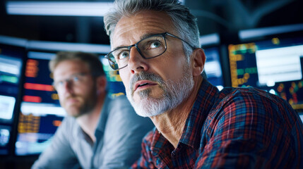 Two men analyzing stock market data on multiple screens, focused expressions