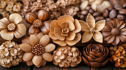Wooden flower crafts on dark wood background
