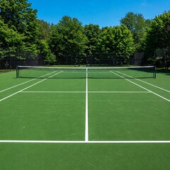 detailed tennis court with freshly painted white lines, surrounded by lush green trees under a clear blue sky.
