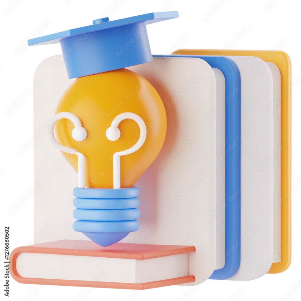 Poster a colorful, stylized light bulb wearing a graduation cap is integrated with books, symbolizing learn