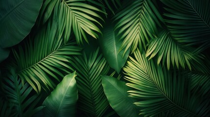 Tropical Leaf Pattern Showcasing Rich Green Hues Illuminated by Soft Lighting in a Serene Natural Setting