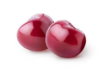 Two glossy cherry fruits with no stems isolated on white background