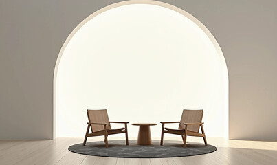 A minimalist interior scene featuring two wooden chairs and a round table on a circular rug, set against a backdrop of a large arched window, creating a serene and modern atmosphere.