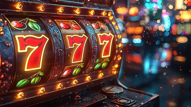 Slot machine jackpot in city night rain
