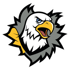 Obraz premium Cartoon eagle mascot, fierce expression, aggressive pose, white and gold feathers, clenched fist, beak wide open, yellow beak, blue background, stylized illustration, sports team logo, dynamic composi