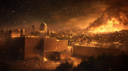 Fototapeta premium Destruction of ancient city of Jerusalem in 607 B.C.E by Chaldean soldiers under rulership of Babylonian King Nebuchadnezzar II, Jews were killed and others taken captives for disobedience to God
