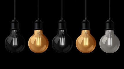 Five hanging vintage light bulbs against black background, alternating black and gold colors