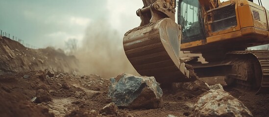 Excavator digging into rocky terrain with dust clouds in the background