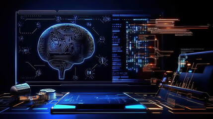 Obraz premium AI-powered quantum combines artificial intelligence with quantum computing. Futuristic Digital Brain Concept with Circuitry and Data Flow