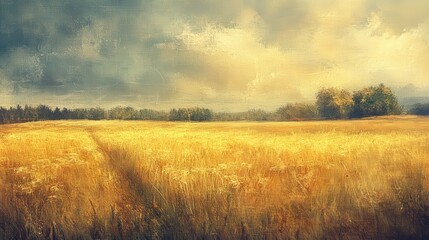 Tranquil countryside landscape with golden wheat field under cloudy sky
