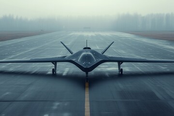 Futuristic stealth drone preparing for takeoff on a foggy airstrip, showcasing military technology and innovation