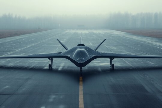 Futuristic stealth drone preparing for takeoff on a foggy airstrip, showcasing military technology and innovation