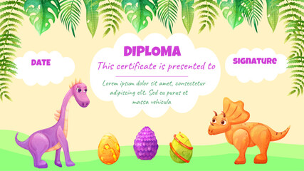 Obraz premium Kids diploma or educational certificate witch cute dinosaurs and eggs