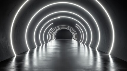 Obraz premium Futuristic tunnel with glowing arches in minimalist design and moody lighting