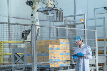 A factory worker in protective gear inspects an automated packaging system in a manufacturing facility.
