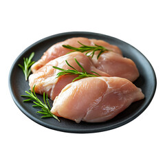 Fresh chicken fillets garnished with rosemary on a black plate ready for cooking in a modern kitchen environment