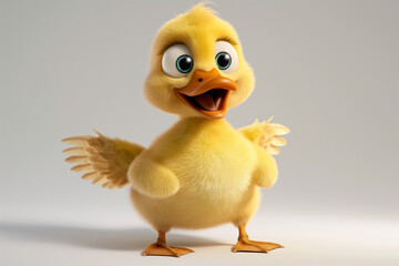 A cute cartoon duck character with bright yellow feathers, large