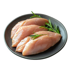 Fresh chicken breast fillets on a black plate garnished with rosemary ready for cooking and meal preparation