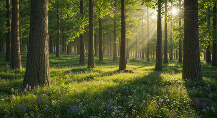 Fototapeta premium Sunlit Forest Path: Vibrant Green Trees & Wildflowers, Tranquil Woodland Scene, Nature's Beauty, Hiking Trail
