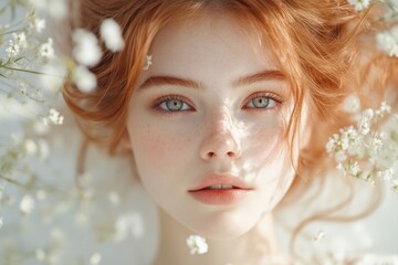 Close-up portrait of beautiful young redhead woman with freckles and blue eyes lying down with white flowers around her face