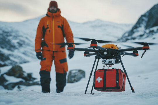 Search and rescue team member using a drone carrying a first aid kit in a snowy mountain environment - Powered by Adobe