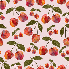 Pattern with bright cherry branches on light pink background. Print for home textile, women's wear, notebook covers, scrapbook paper, wrapping paper.