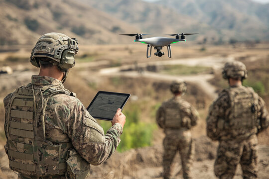 Group of soldiers using a drone and a tablet for surveillance during a military operation in a desert area - Powered by Adobe