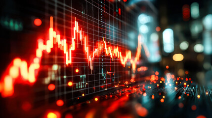 Obraz premium Stock market graph showing financial trends and fluctuations in red tones, illustrating economic volatility and crisis
