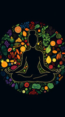 Meditation silhouette surrounded by vibrant, healthy food in the center of an intricate mandala pattern
